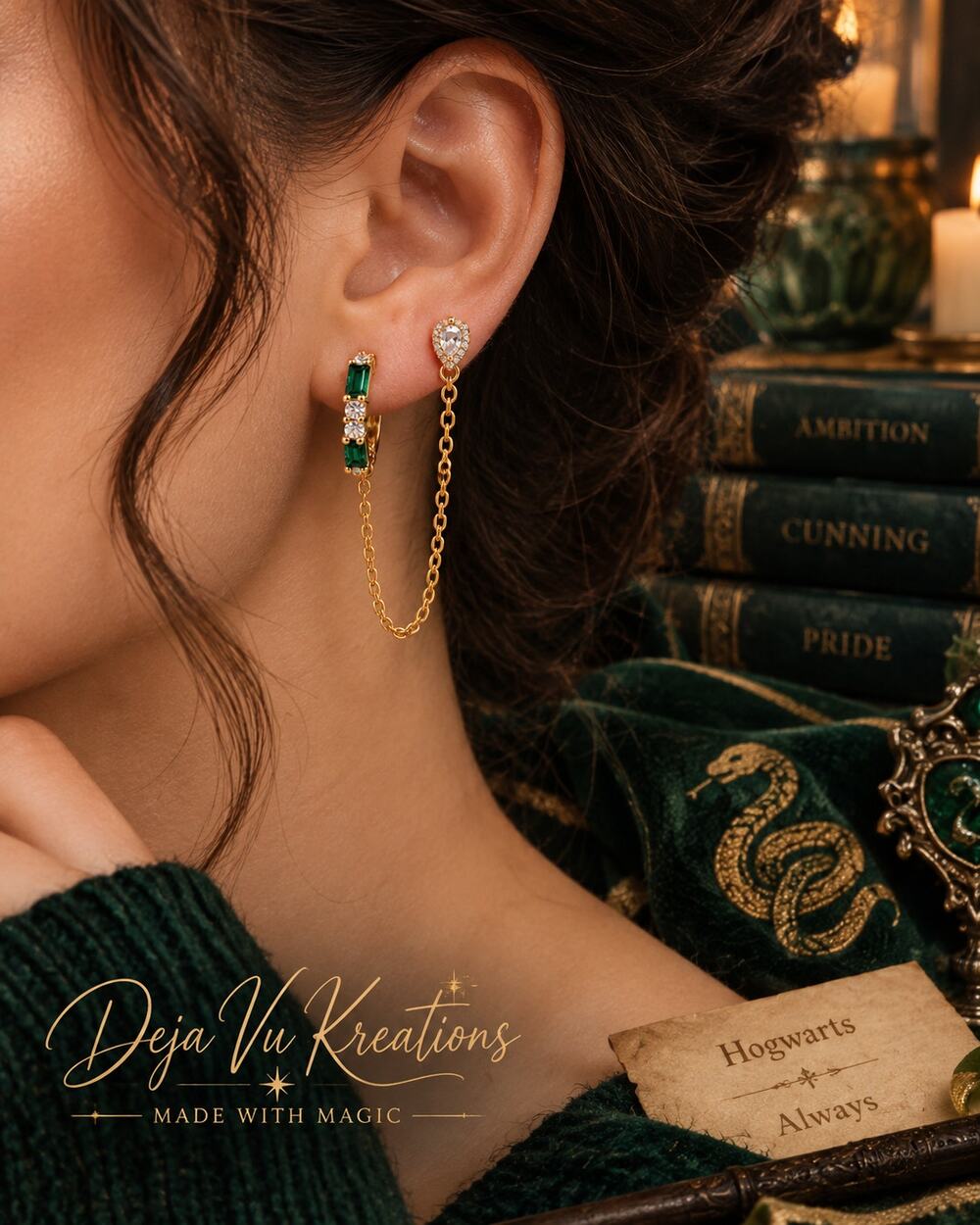 COMING SOON!! Slytherin Harry Potter Chain Earrings Gold Plated Matching Pair
